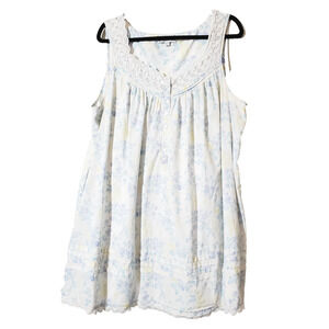 EILEEN WEST Nightgown Womens XL Blue Yellow 100% Cotton Lace Trim Babydoll